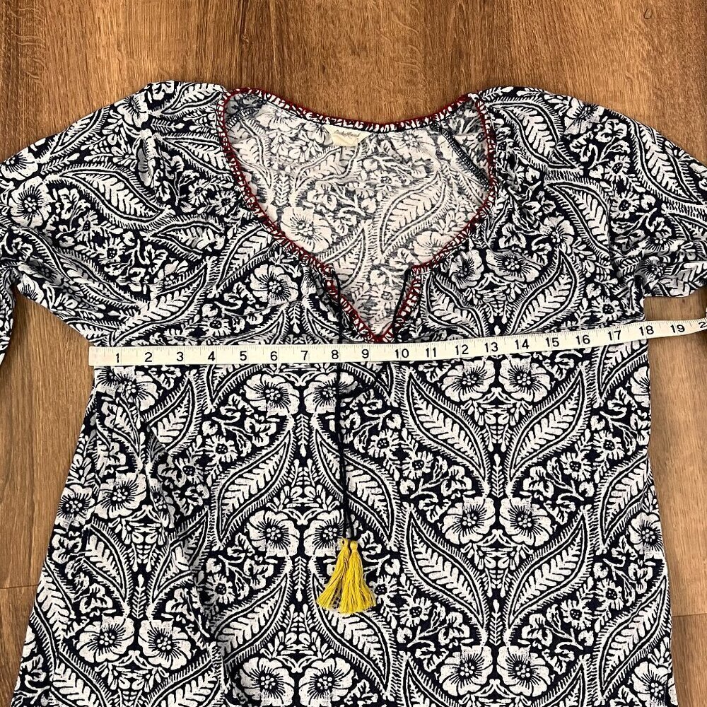 Lucky Brand Blue White Floral Tassel Tie 3/4 Sleeve Mini Dress Cover up Size S - Picture 7 of 12
